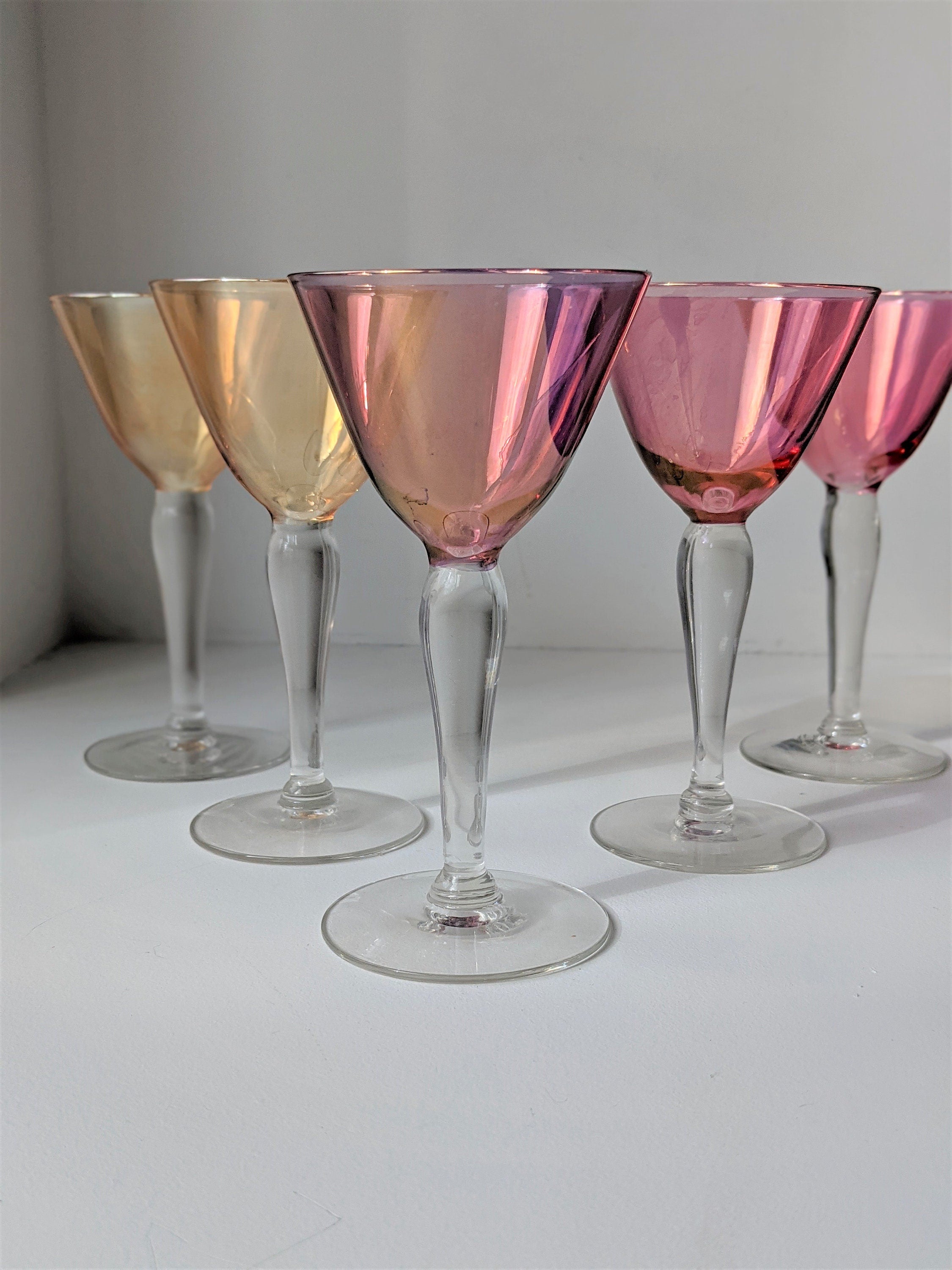 4 Vintage Etched Pink Optic Glass Wine Glasses, 1950's, Pink wine Glasses