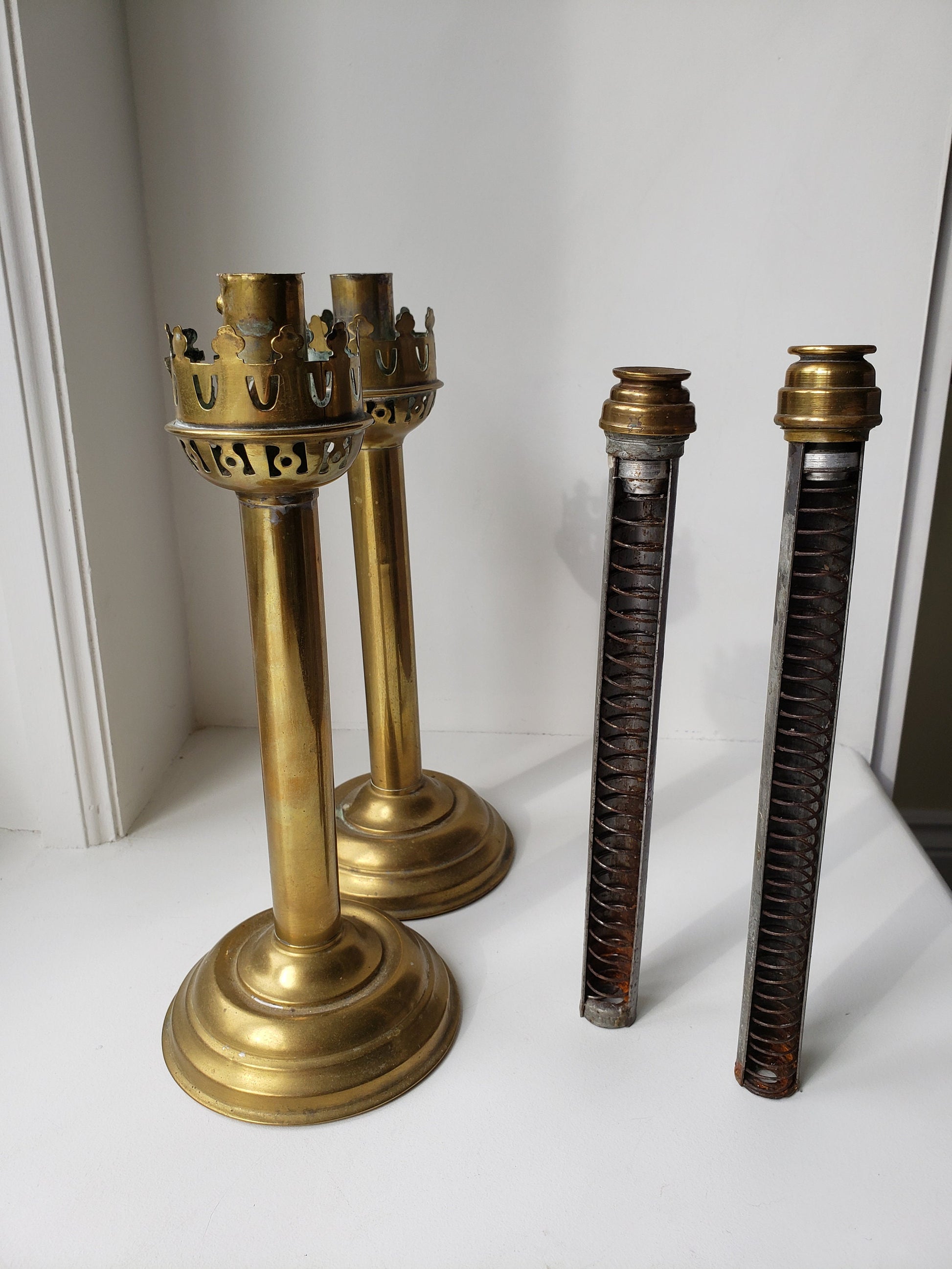 Antique Pair of Nautical Spring Loaded Brass Candlesticks Candle Holders  With Amber Hurricane Glass Chimneys
