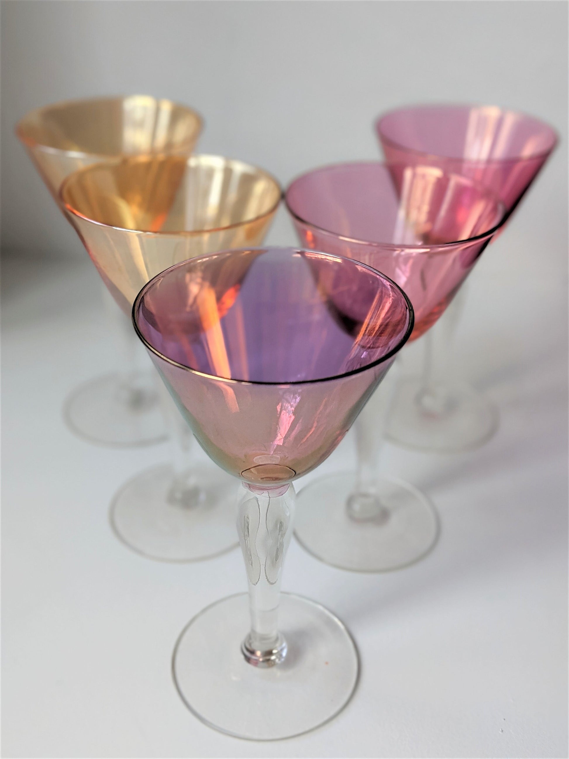 4 Vintage Etched Pink Optic Glass Wine Glasses, 1950's, Pink wine Glasses