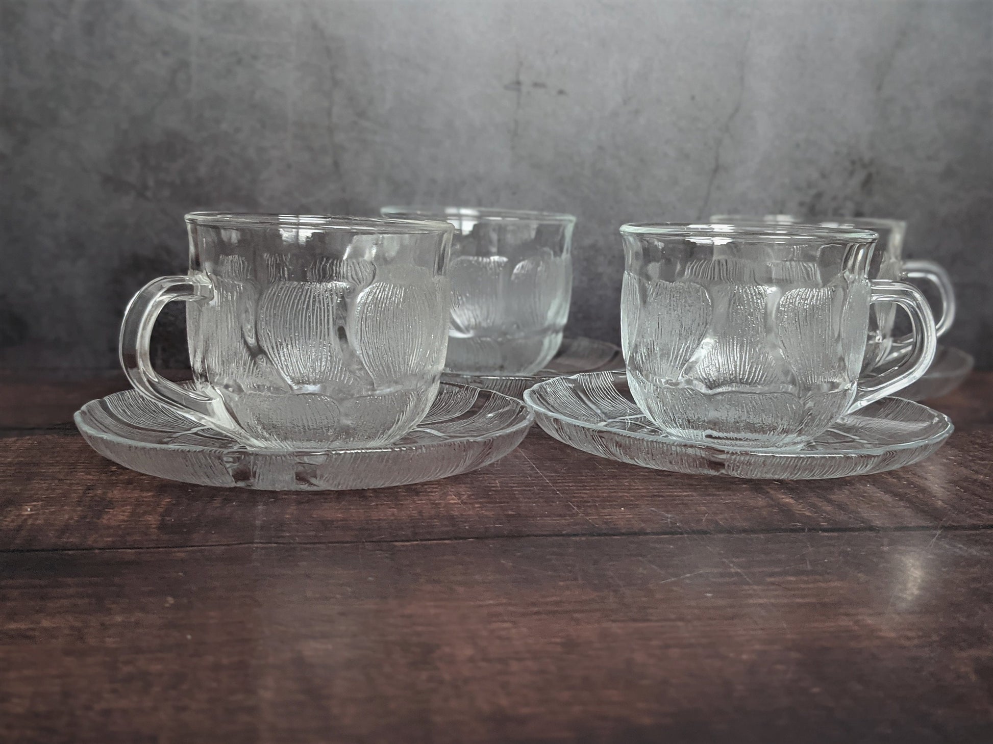 Vintage ARCOROC France 'PETALE', Thumbprint Glass Cups & Saucers- Set Of 8