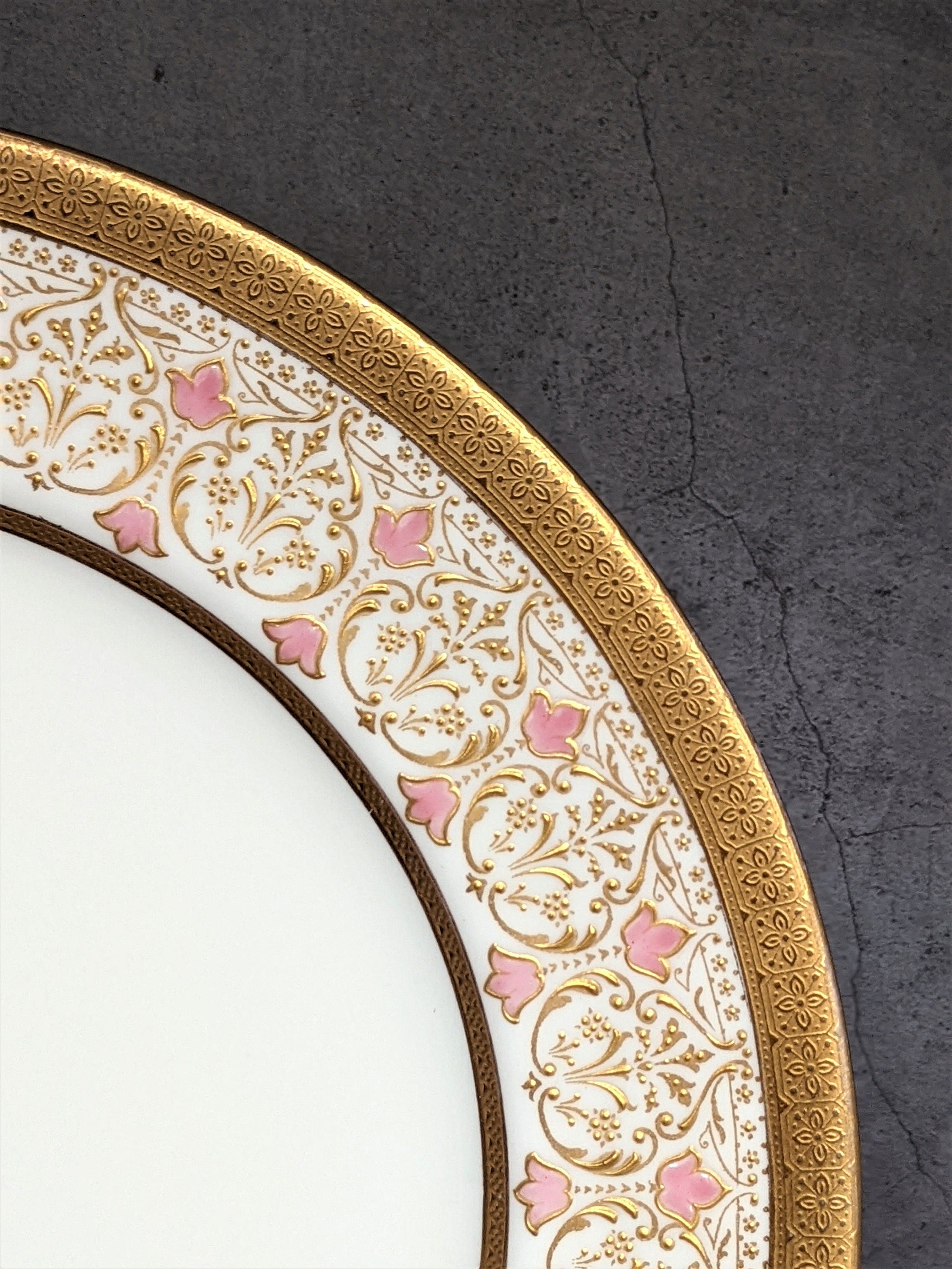 Antique Royal Doulton Plate, Raised Gold, Pink Enamel, 10.25